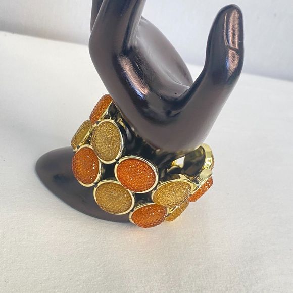 Stretch Bracelet Gold Tone Encircled Druzy Orange Yellow Lucite Stones - Picture 2 of 8